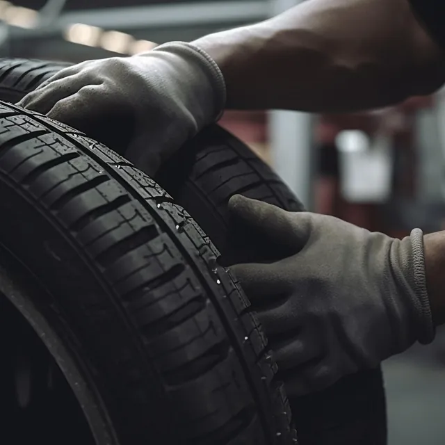 Mann med hansker holder bildekk